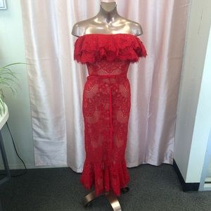 Marchesa Notte Lace Corset Top Off-Shoulder Gown